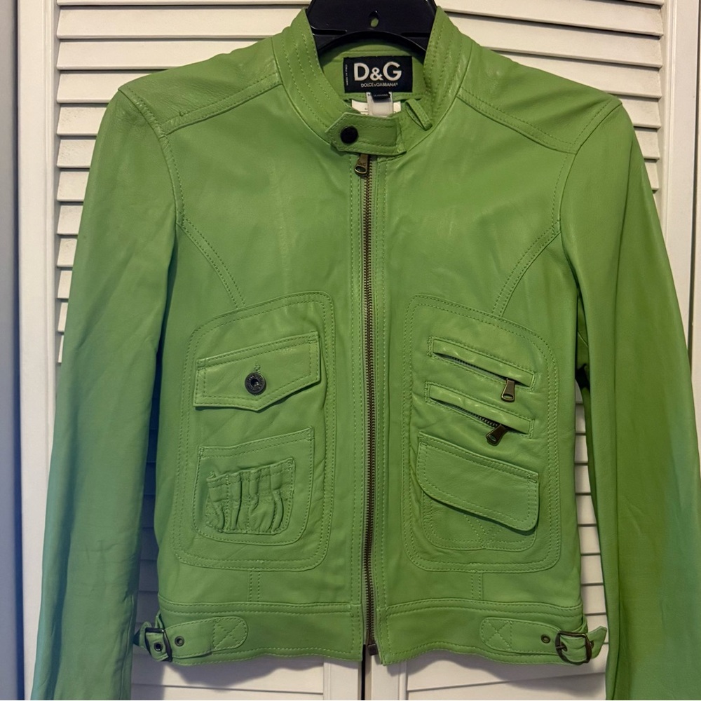 D&G Green Leather Jacket with Cropped Design